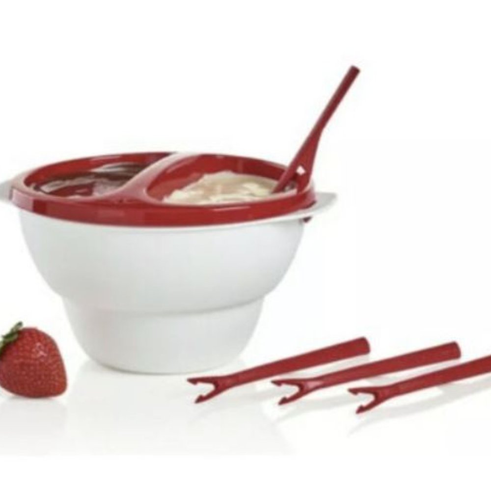 Tupperware Chic Dining Dipper Divided Fondue Bowl Set W/Dipping Forks & 2 Bowls